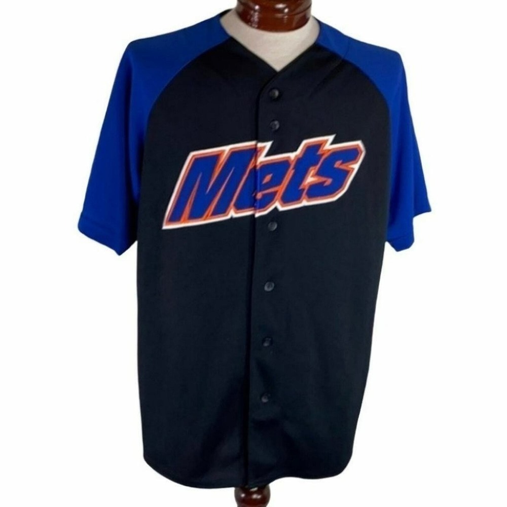 Majestic New York Mets Jersey L Black Blue MLB Baseball Button Front A6572